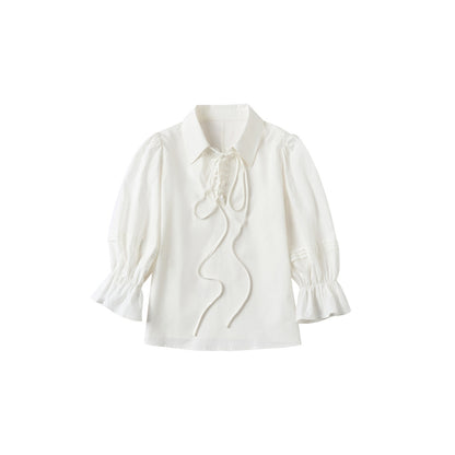 OuttheBlue Lightweight Cotton Lyocell High Waist Tie Casual Puff Sleeves Women Blouses