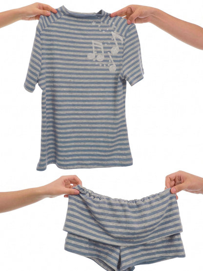 takeabreak Blue Grey Heather Striped Music Note Heat Transfer Women&