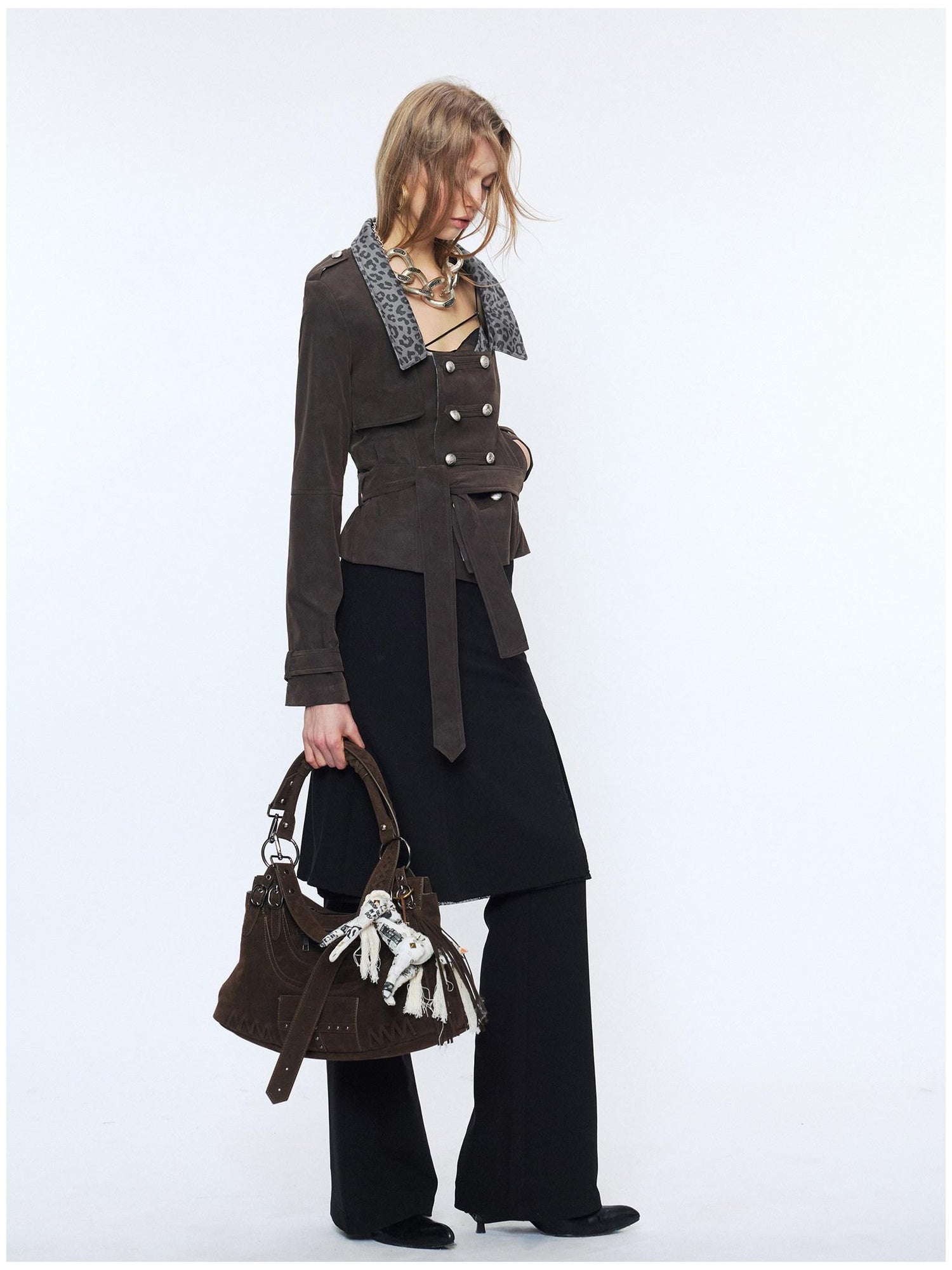 2th Desire Waist Cinch Punk Leopard Print Slim Fit Zip Short Women Trench Coats