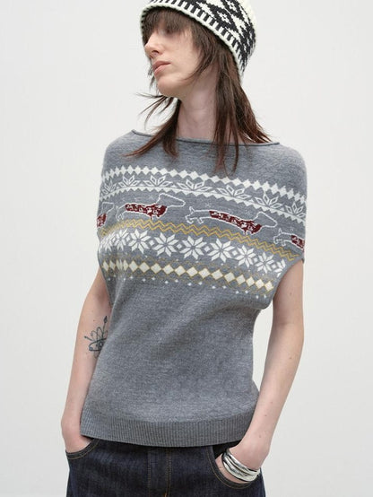 RUN TO THE FUTURE Acrylic Wool Blend Slim Cape Animal Print Women Asymmetrical Neck Grey Sweaters