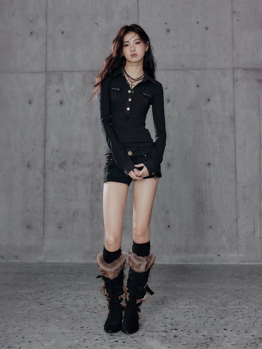 Low pixel Slim Fit Utility Knit Pullover Women Black Turndown Collar Long Sleeve T-Shirts
