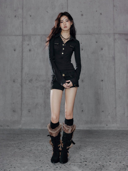 Low pixel Slim Fit Utility Knit Pullover Women Black Turndown Collar Long Sleeve T-Shirts