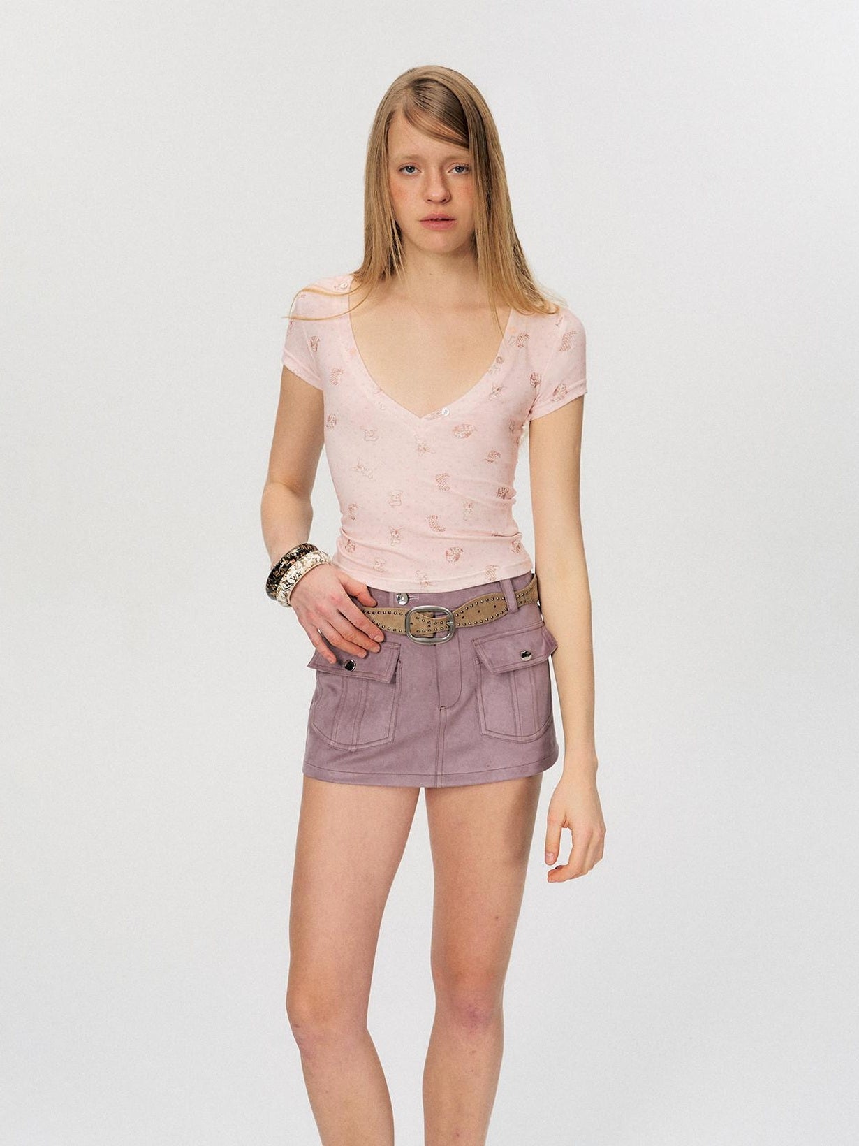 The NeverMore Soft Lyocell Printed V-neck Slim Fit Pink Women Cropped Basic Crop Tops