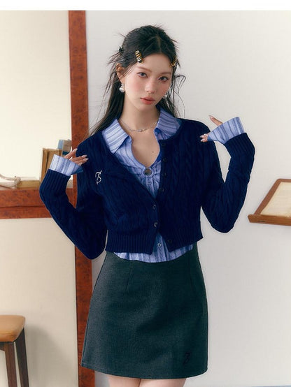 7Shiftin Crop Two Piece Casual Short Length Layered Set For Women Blue White Shirts