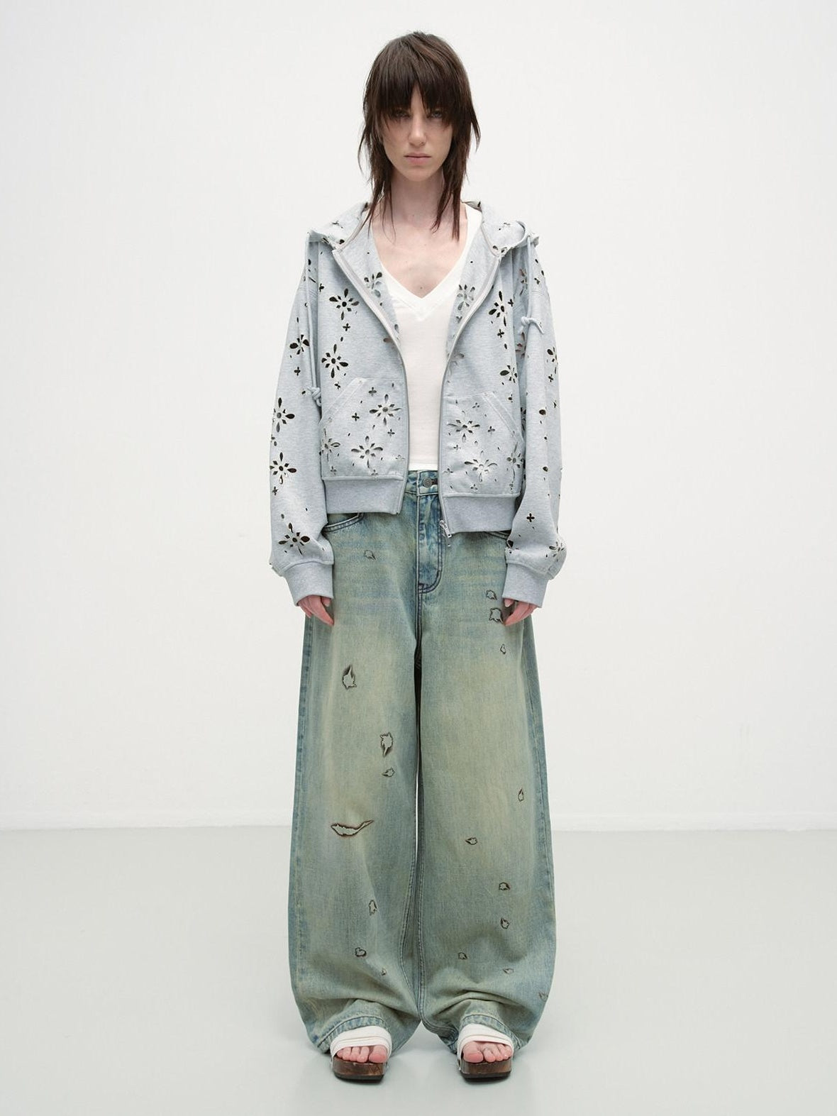 RUN TO THE FUTURE Durable Washed Low Rise Asymmetrical Vintage Unisex Printed Denim Wide-Leg Jeans