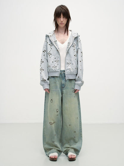 RUN TO THE FUTURE Durable Washed Low Rise Asymmetrical Vintage Unisex Printed Denim Wide-Leg Jeans