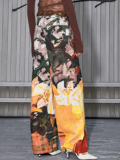 The NeverMore Sexy Mid Low Waist Hot Girl Floral Printed 100 Percent Cotton Wide Leg Pants