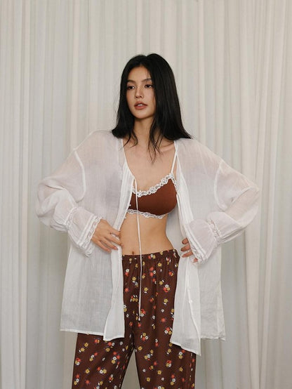 FU FRESH UP French Lace Tie Woven Long Sleeve Loose Mid Length Women&
