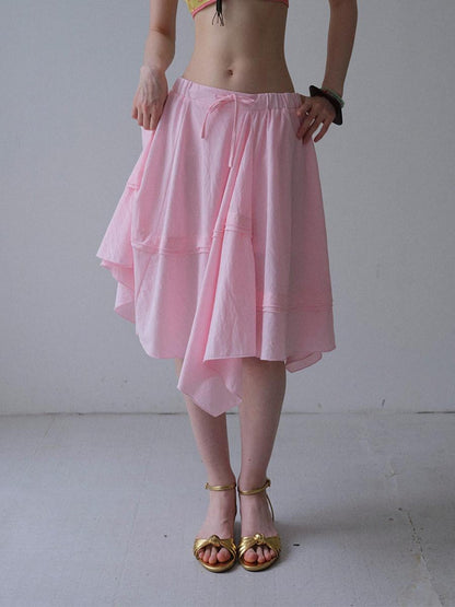 DKZ OFFICIAL Pink Ribbed Elastic Waist Asymmetric A Line Women&
