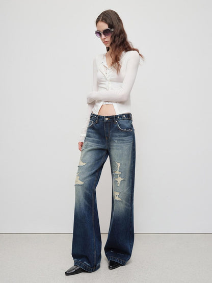 RUN TO THE FUTURE Vintage Distressed Low Rise Ripped Loose Fit Women Cotton Zipper Wide-Leg Jeans