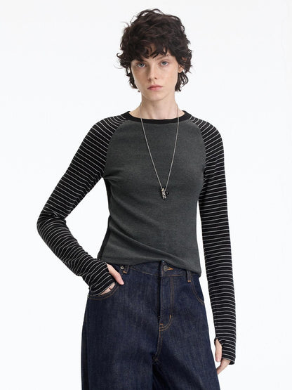 RUN TO THE FUTURE Slim Fit Casual Raglan Sleeve Striped Crew Neck Women Long Sleeve T-Shirts