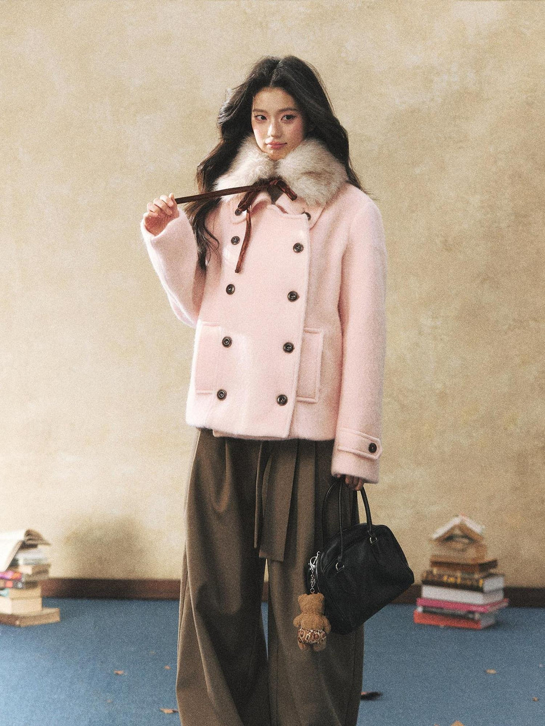 7Shiftin Warm Casual Fitted Waist Bow Detail Double Breasted Cropped Women Knit Sweaters