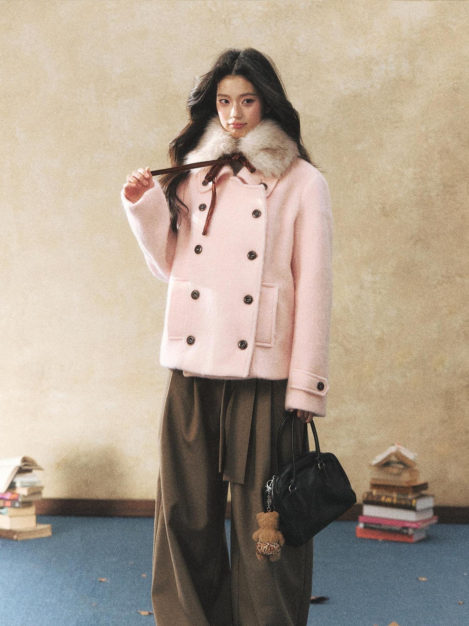 7Shiftin Warm Casual Fitted Waist Bow Detail Double Breasted Cropped Women Knit Sweaters