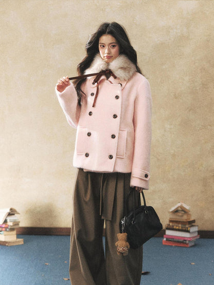 7Shiftin Warm Casual Fitted Waist Bow Detail Double Breasted Cropped Women Knit Sweaters