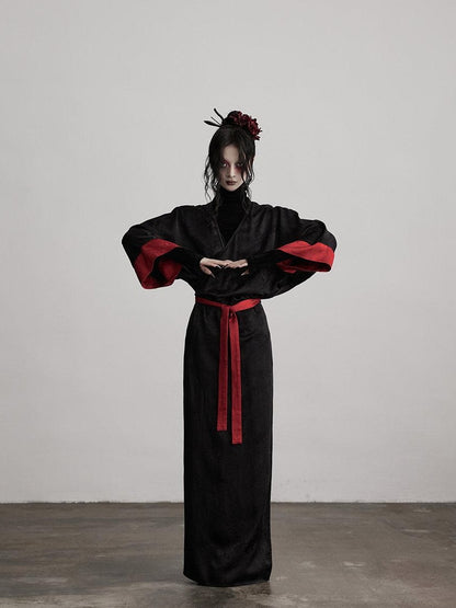 INDULGE Gothic V-neck Viscose Flared Loose Casual Womens Black Trench Coats