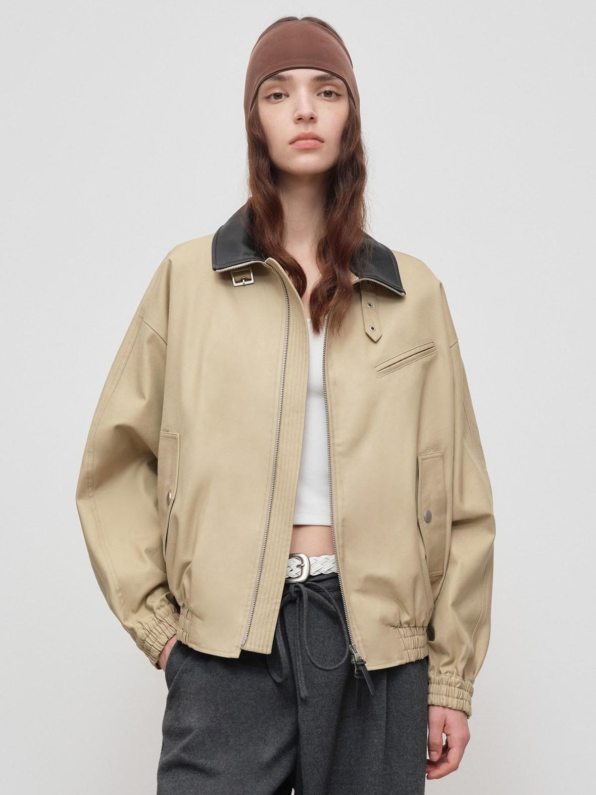 RUN TO THE FUTURE Khaki Cotton Patchwork Barn Style Loose Fit Unisex Zipper Track Jackets