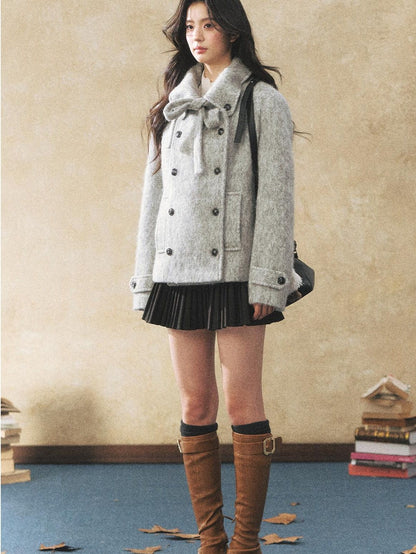 7Shiftin Warm Casual Fitted Waist Bow Detail Double Breasted Cropped Women Knit Sweaters