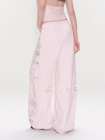 The NeverMore Soft Cotton Letter Print Natural Waist American Style Women Wide Leg Pants