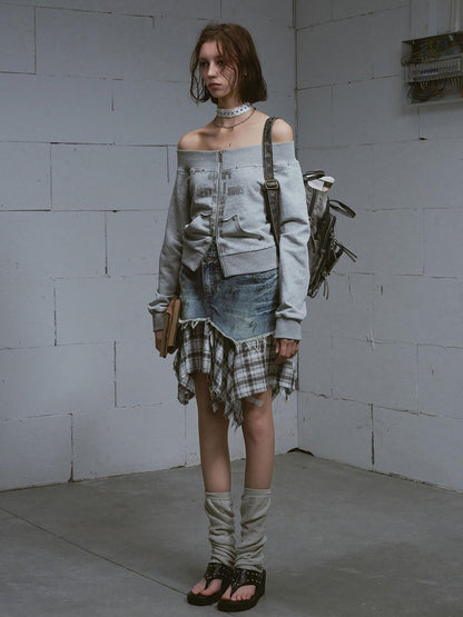 Cest Nous Washed Deconstructed Plaid Patchwork Asymmetric Women&