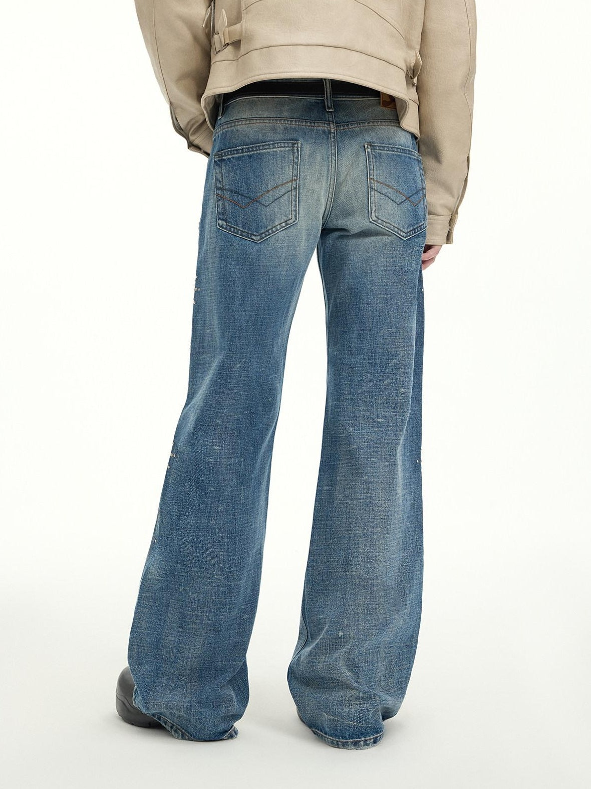 RUN TO THE FUTURE Washed Embroidered Low Rise Straight Cotton Button Fly Women Blue Wide-Leg Jeans