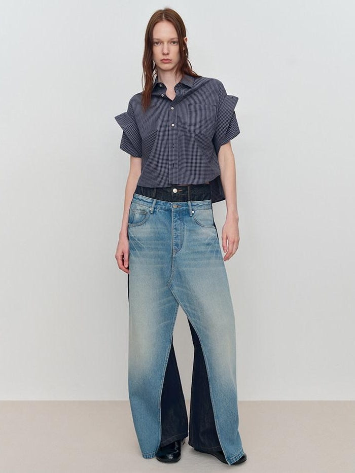 RUN TO THE FUTURE Durable Washed Denim Casual Loose Natural Waist Zipper Fly Blue Wide-Leg Jeans