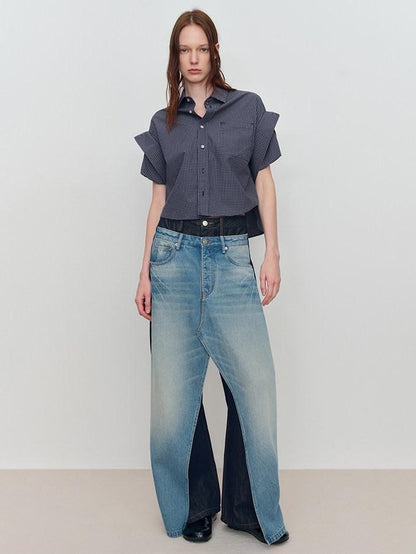 RUN TO THE FUTURE Durable Washed Denim Casual Loose Natural Waist Zipper Fly Blue Wide-Leg Jeans