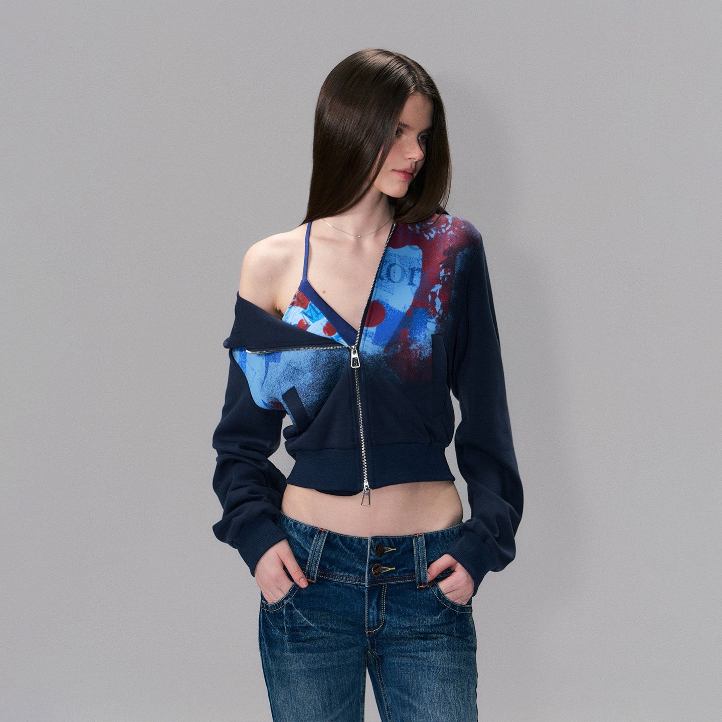 The NeverMore Soft Stretch Polyester High Waist Cropped Zip Hooded American Women Hoodie