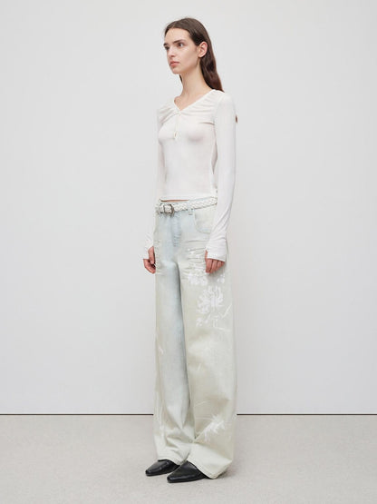 RUN TO THE FUTURE Vintage Light Blue Floral Cotton Loose Casual Womens Zipper Fly Wide-Leg Jeans