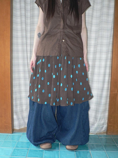ang project Deep Blue Vintage Pleated Elastic Waist Loose Fit Women&