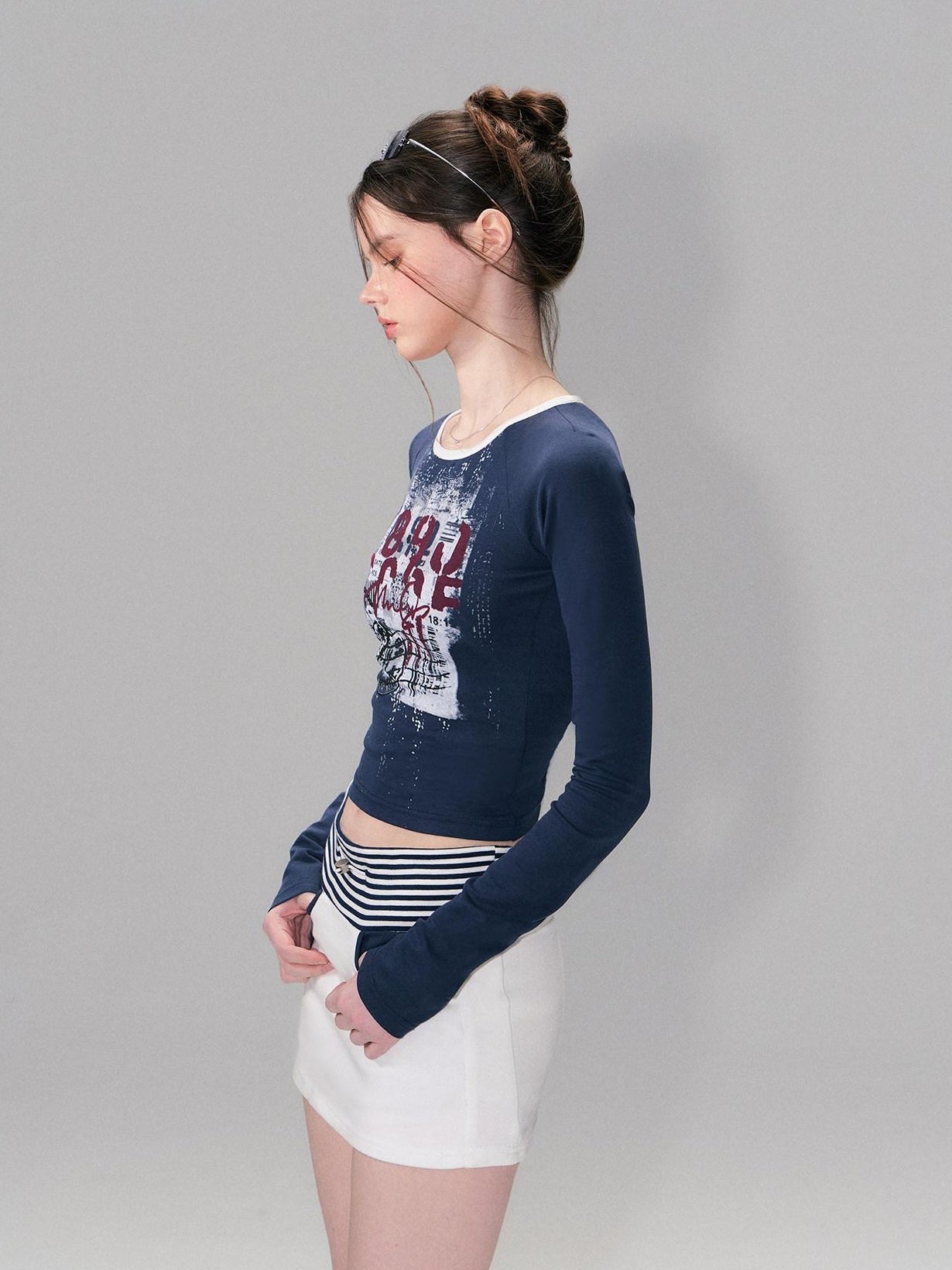 The NeverMore Cotton Blend Letter Print American Slim Fit Cropped Women Long Sleeve T-Shirts