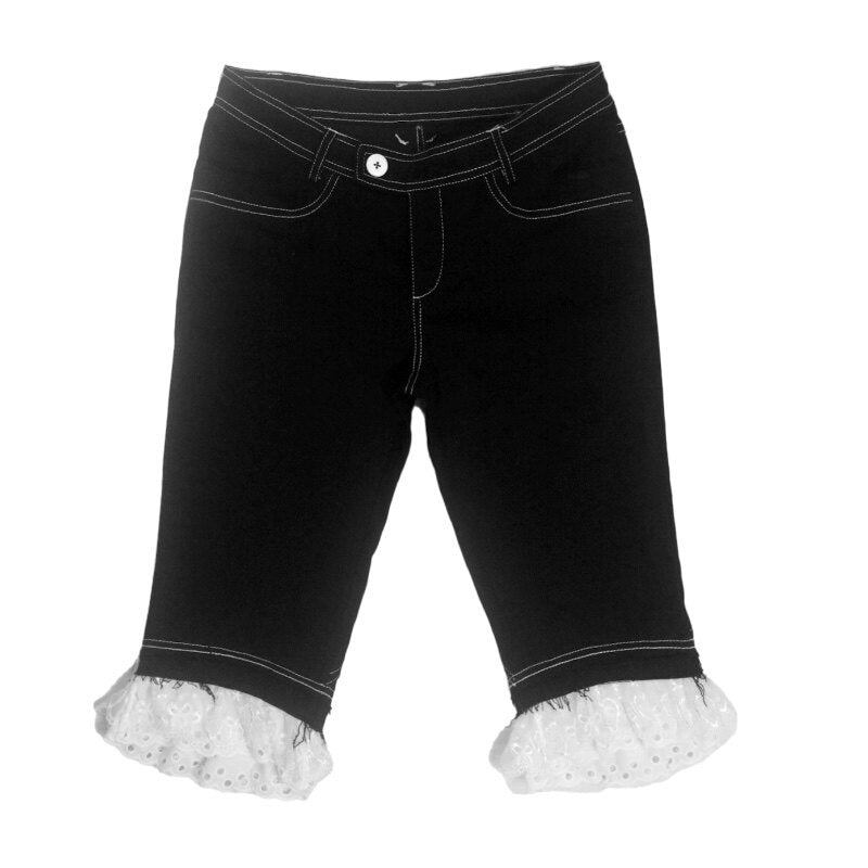 nit alcove Cute Deer Print Double Layer Denim Casual Natural Waist Girls Mid-Length Shorts