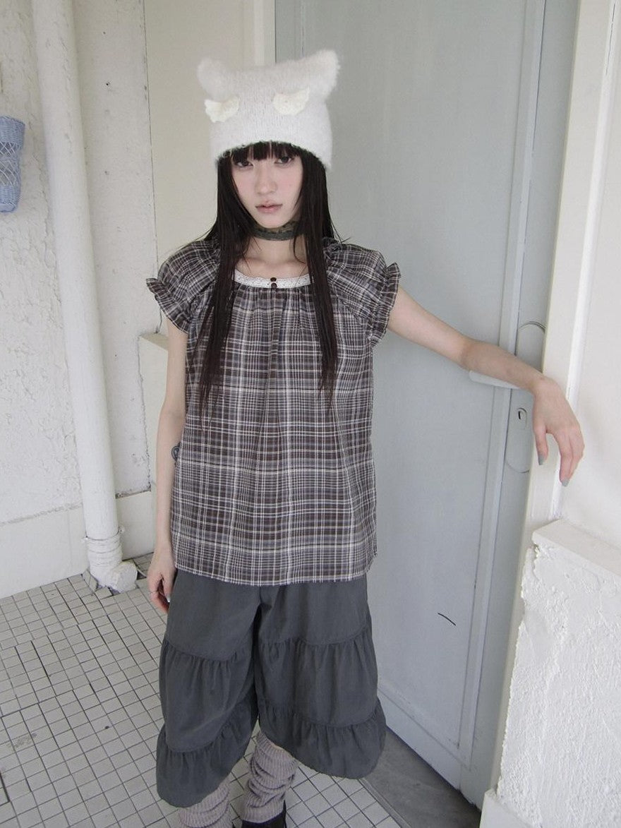ang project Brown Plaid Patchwork Lace Trim Puff Sleeve Women&