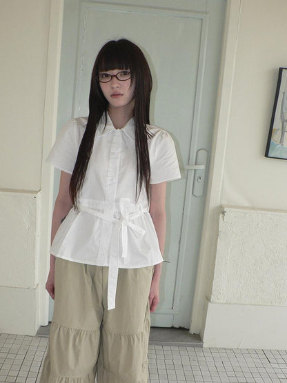 ang project Korean Turn Down Collar Single Button Tie Waist Women&