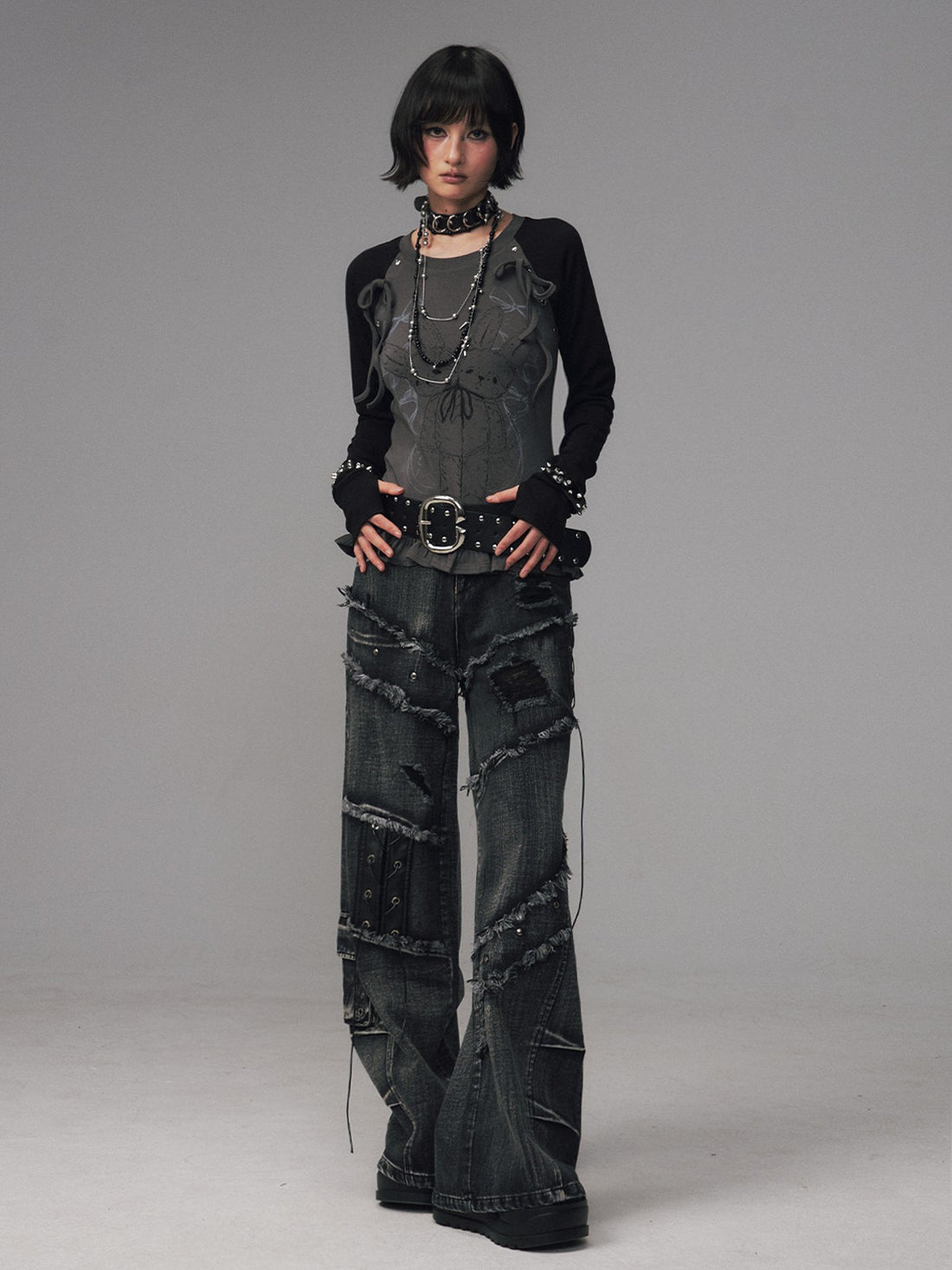 Frustration Garden Black Grey Street Punk Lace Up Frayed Rivet Women&