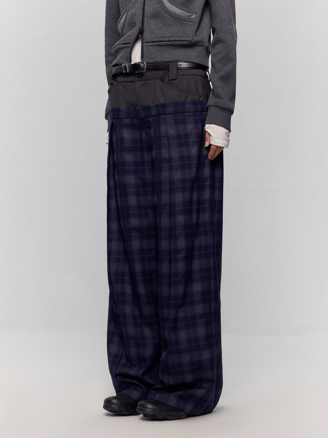 RUN TO THE FUTURE Original Double Waist Pockets Low Rise Wide Leg Women Blue Grey Plaid Chinos