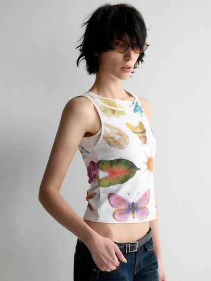 RUN TO THE FUTURE Original Print Asymmetrical Slim Fit Tencel Cropped Animal Women White Tank Tops