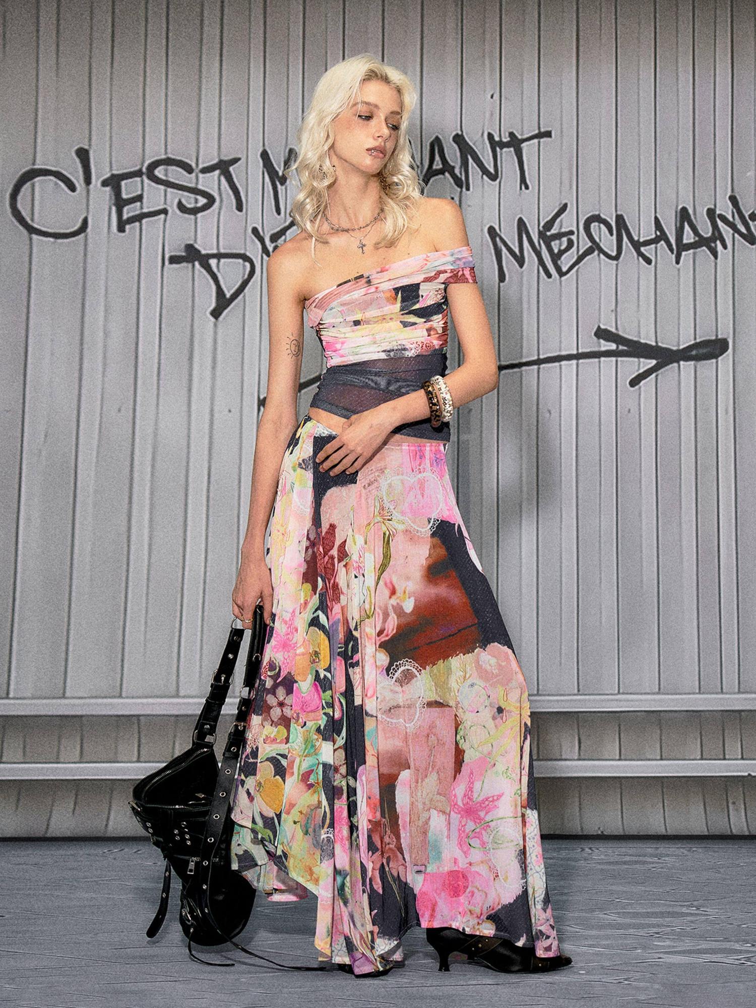 The NeverMore Light Stretch Printed Pink Side Zipper A Line Loose Fit Mid Waist Maxi Skirts