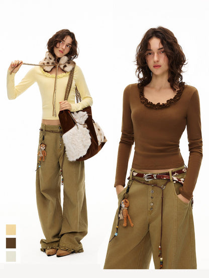 OuttheBlue Viscose Cotton Knit Slim Cropped U Neck Casual Women Travel Long Sleeve T-Shirts