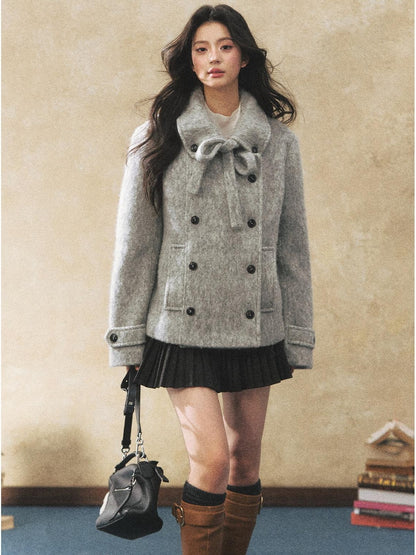 7Shiftin Warm Casual Fitted Waist Bow Detail Double Breasted Cropped Women Knit Sweaters
