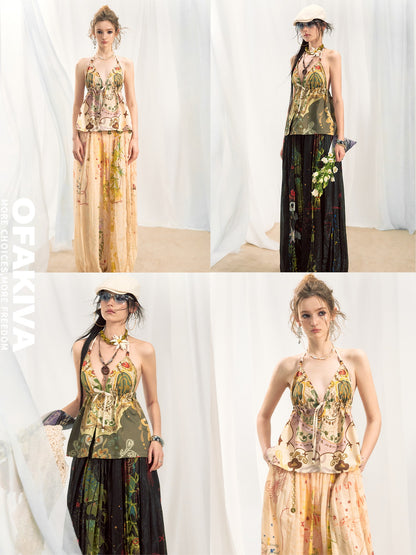 OfAkiva Bohemian Halter Tie Back Deep V Printed Slim Cropped Women&