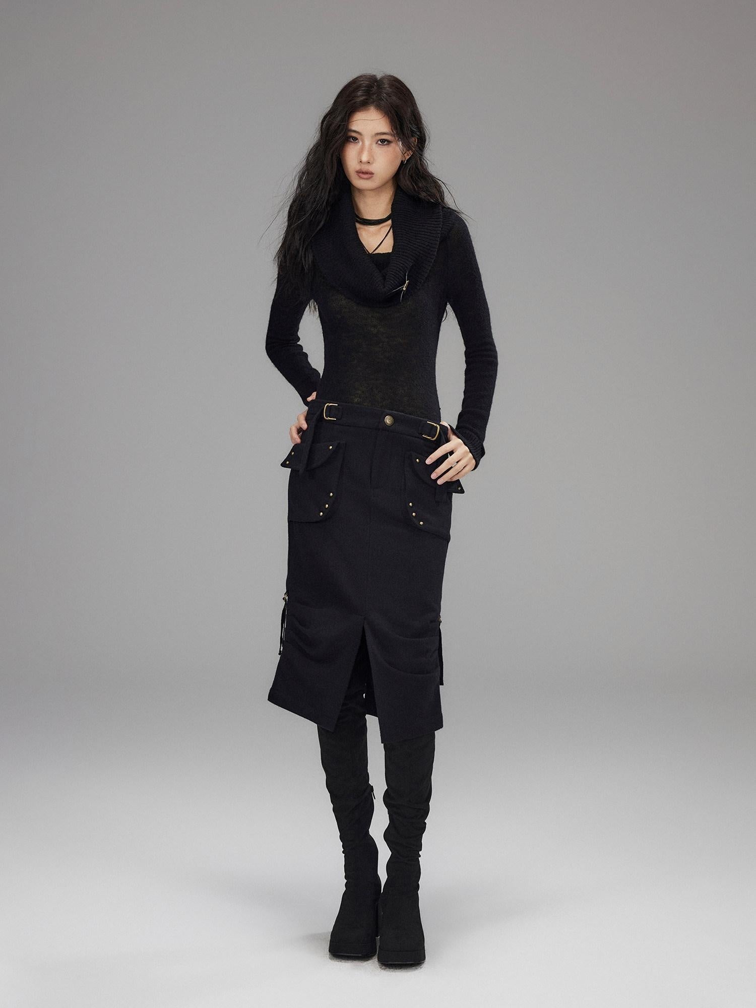 Low pixel Wool Blend Low Rise Cargo Pockets Front Slit Hline Casual Black Midi Skirts