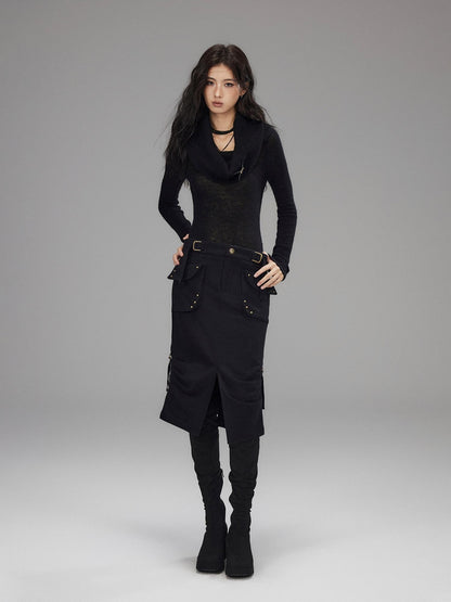 Low pixel Wool Blend Low Rise Cargo Pockets Front Slit Hline Casual Black Midi Skirts