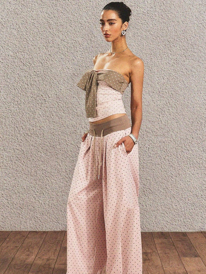 The NeverMore Polka Dot Cotton Two Piece Colorblock Sexy High Waist Pants Tube Tops