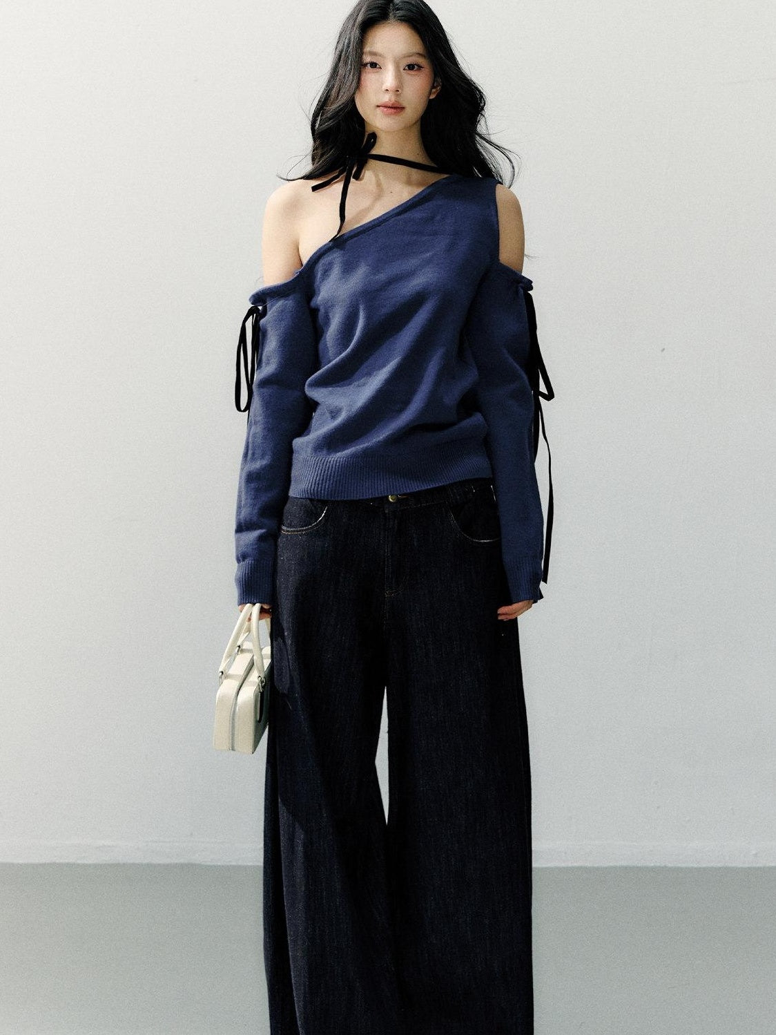 7Shiftin Cozy Casual Loose Backless Women Knit Pullover Blue Long Sleeve Sweaters
