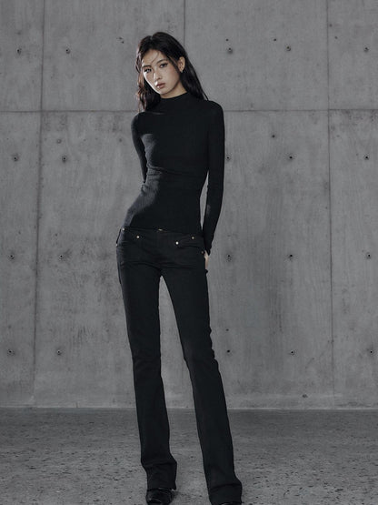 Low pixel Washed Black Low Rise Microstretch Street Tight Women Cotton Zip Straight Pants
