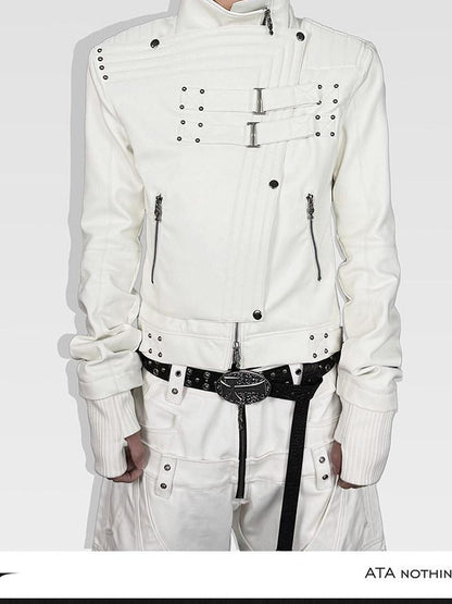 ATAnothingness Windproof Pu Cropped Zip Long Sleeve Silver Moon White Leather Jackets