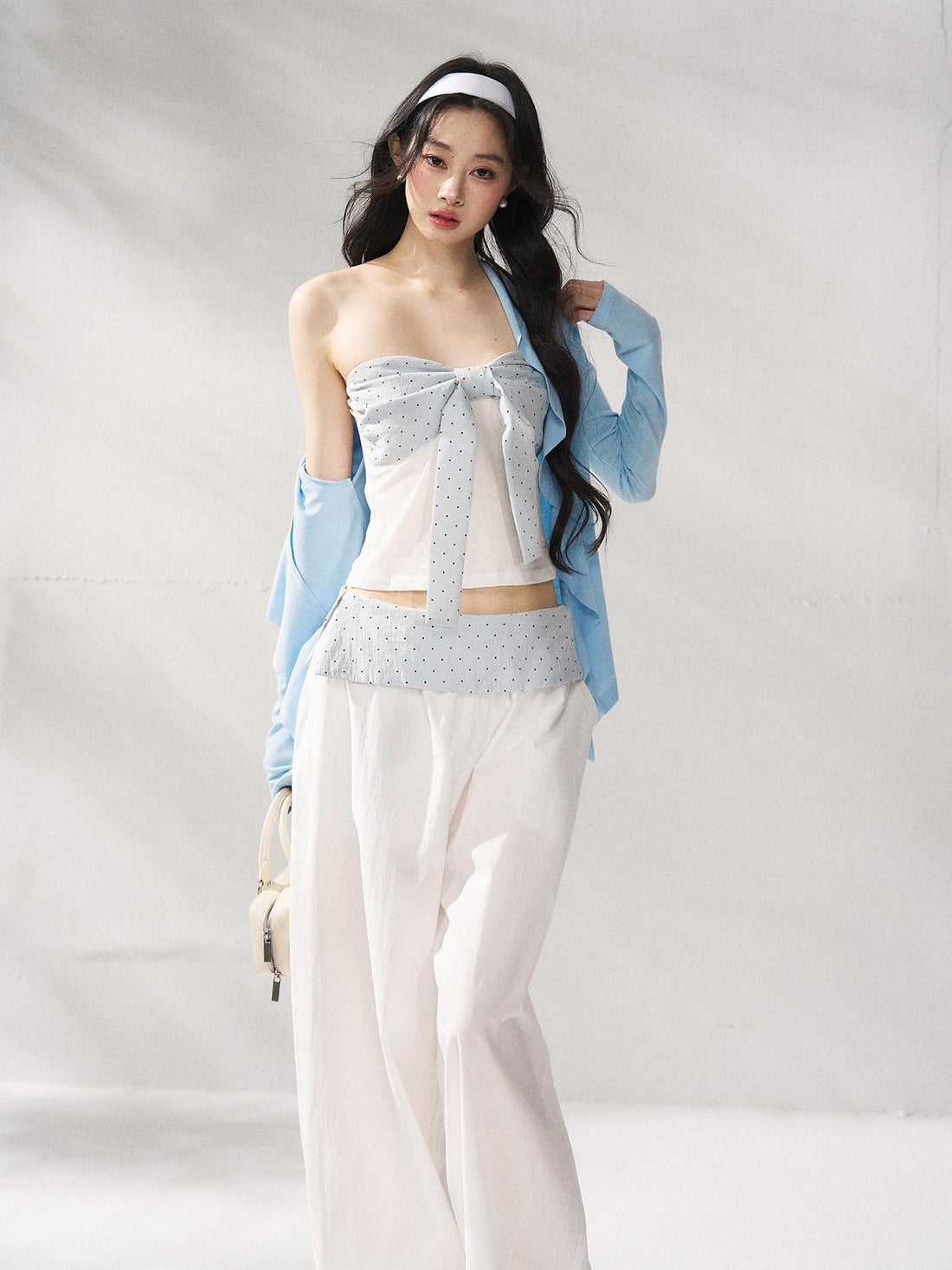 7Shiftin Polka Dot Bow Cropped Three Piece High Waist Sleeveless Women Top &amp; Pants Sets