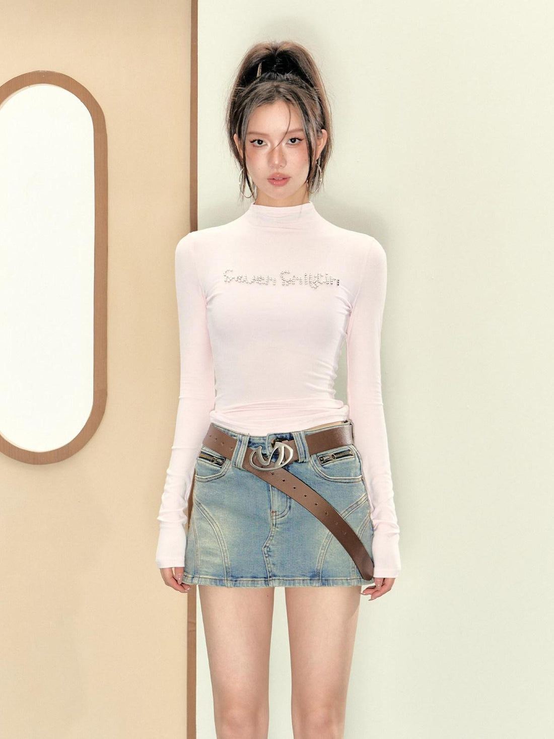 7Shiftin Slim Printed Half High Neck Korean Commuter Women Long Sleeve T-Shirts