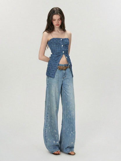 The NeverMore Crystal Trim Relaxed Natural Waist Women Washed Blue Zipper Straight Leg Jeans