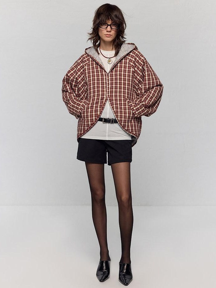 RUN TO THE FUTURE Original Design Loose Fit Contrast Plaid Pocket Zip Up Women Poly Wool Hoodies